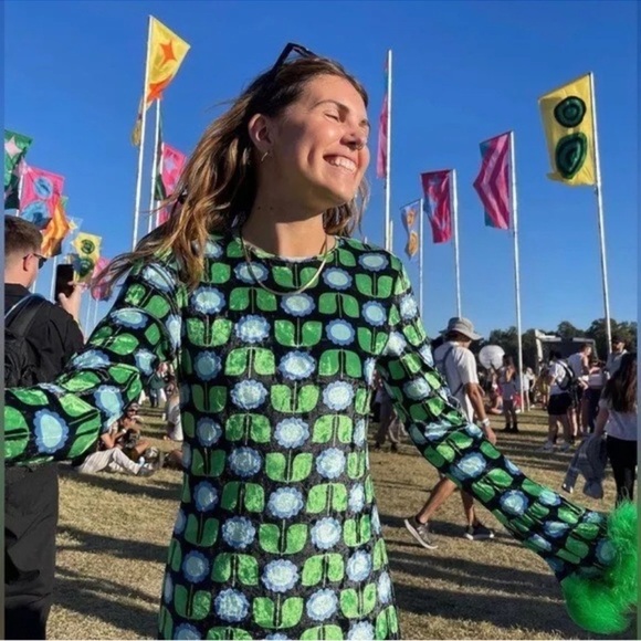 Anna Sui Green Floral Velvet Feather Cuff Abstract Pop Art Festival Maxi Dress S - Picture 1 of 8